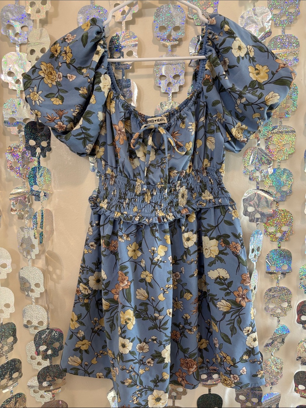 Inspired Hearts Blue Floral Puff Sleeve Mini Dress